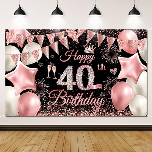 Cartel de feliz cumpleaños número 40, fondo de decoración de fiesta número 40 de rosa negra, cartel de cumpleaños, fondo de fotos para mujeres y hombres, suministros de fiesta de aniversario, 180 x