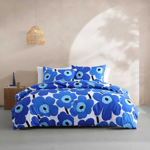 Marimekko Bettwäsche-Set für Doppelbett, Baumwollperkal, wendbar, mit passenden Kissenbezügen, florales Design (Unikko Blue, Full/Queen)