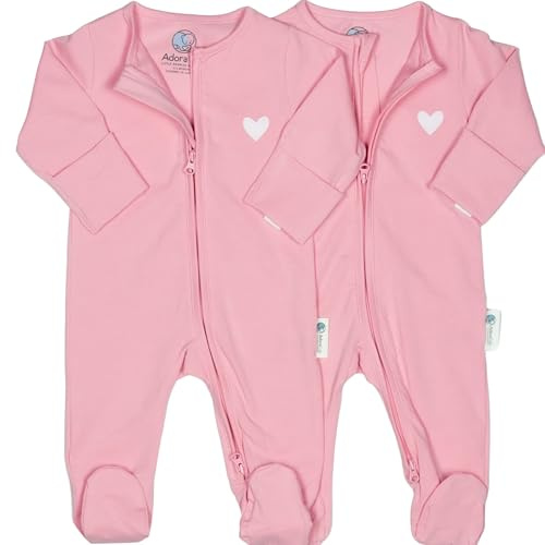 AdoraCub 2er-Pack Frühchen-Schlafanzüge mit Reißverschluss, Bio-Baumwolle, 2-Wege-Reißverschluss, sichere, weiche, bequeme Baby-Nachtwäsche, Neugeborenengröße bis 2 Jahre, Geschenkbox, Rosa mit