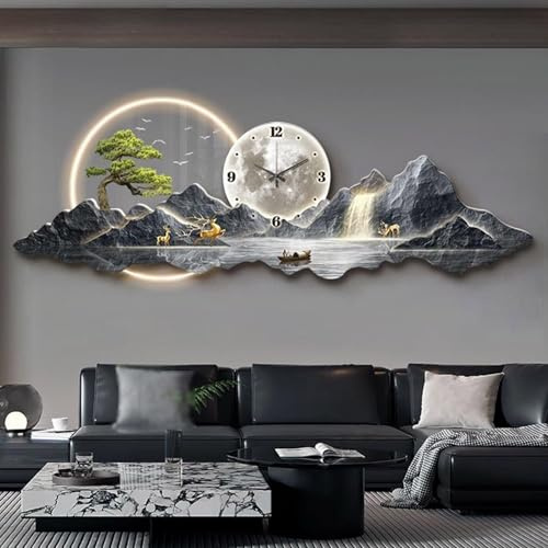 3d Art Wall Decor Wall Sculptures Hanging Landscape Painting,Modern Living Room Wall Art Decoration Lamp Wall clock, oriental Decor Traditional Chinese Feng Shui Welcoming Pine Wall Hanging Painting