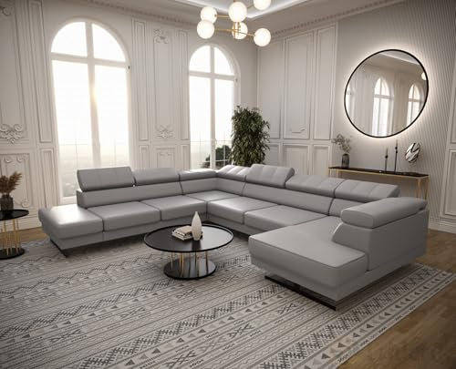 Friderik Divano angolare Emporio MAX II 300 x 350 x 180 cm poggiatesta regolabili gambe argentate divano in pelle (grigio chiaro, sinistro)