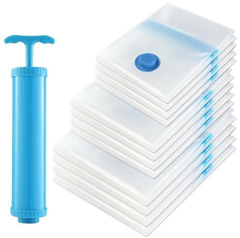 Sacchetti sottovuoto vestiti,12 sacchi sottovuoto vestiti, 3 stili (4 100x80, 4 80x61, 4 60x41) + 1 pompa sottovuoto manuale, buste sottovuoto Vestiti per riporre gli indumenti e piumino