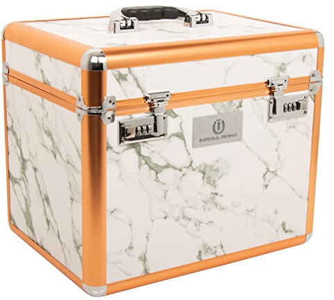 Imperial Riding IRHShiny Putzbox, Putzkoffer mit Zahlenschloss, verstellbare Fächer, Aufbewahrungsbox für Putzzeug, mit Spiegel im Deckel, hochwertiger Putzkasten, 38x28x32cm, Weiß-Marmor/Roségold