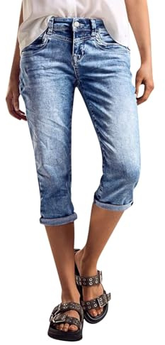 Flamingals Capri-Jeans mit hoher Taille für Damen, Rollsaum, gerades Bein, Waschung, Used-Look, 90er-Jahre, Trendige Denim-Capri-Capri-Hose, Hell, blau, Groß