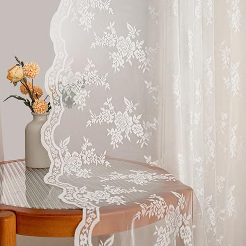 MYSKY HOME Gardinen Spitze Vorhänge mit Kräuselband Vintage Transparent | Elfenbeinweiß,2er Set,H175 x B140 cm,Landhaus Gardine Boho,Blumen Bestickte Spitzengardinen,Modern Dekoschal für Wohnzimmer