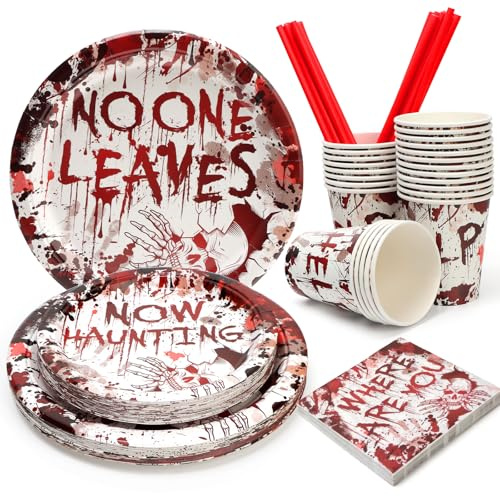PARTY GO Natale horror 2025 125 Pezzi Stoviglie Halloween Carta Tazza Piatti Tovaglioli Paglia Decorazioni per la Tavola per 25 Ospiti, Sanguinose per Feste di Compleanno da Brivido Decorazioni