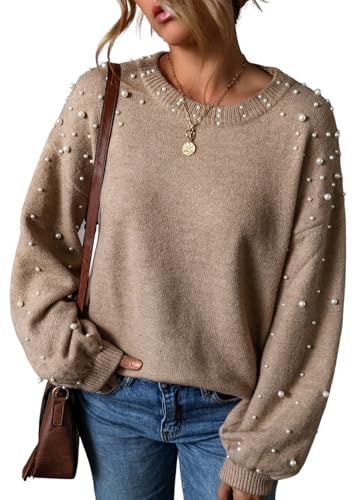 Pull à perles pour femme - Manches lanternes - Épaules tombantes - Col rond - Chandail en tricot épais avec perles