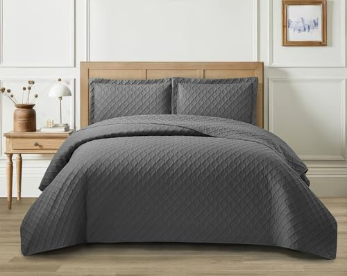3 Pieces Quilted Bedspread Bed Throws Luxury Embossed Diamond Check Pattern Reversible Quilt Bedspreads Coverlets for Bedroom Decor with Matching Pillow Shams, Quilt Bedding Set (Grey, King)