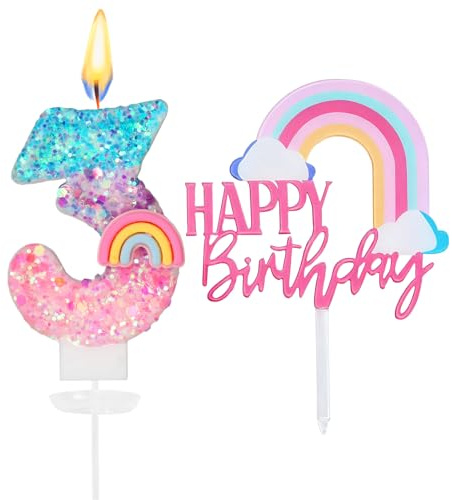 Rainbow Number 3 Birthday Candles, Deco Number Cake Candles, Candle 3 Years, Numerical Birthday Candle for Children, Birthday Decorations for Girls