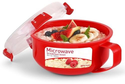 Microwave Breakfast Bowl 850ml - Plastic Food Container with Handle and Lockable Lid with Steam Release Vent - Stackable, BPA Free, Dishwasher Safe - Assorted Colour