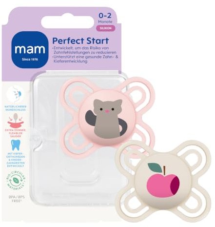 MAM Perfect Start Schnuller, 0-2 Monate, Katze/Apfel, 2 Stück | Beugt Zahnfehlstellungen vor, SkinSoft Silikon, BPA/BPS-frei, inkl. Sterilisierbox