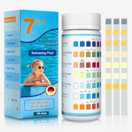 7 in 1 Strisce Test Piscina,100 Pezzi Strisce Test Acqua Piscina,Tests Dell'Acqua Strisces,Analisi Strisces Reattive per Acquari,per PH, Alcalinità,Durezza,Cloro,Bromo e Acido Cianurico