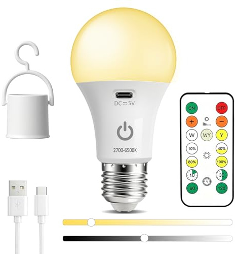 Caldarax Lampadina LED E27 Ricaricabile USB Con Telecomando, Lampadine Batteria 7W 3 Colore Dimmerabile Controllo Touch con Timer, per Campeggio o Illuminazione di Emergenza, 1 Pezzi