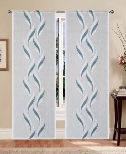 Home Tresor - Coppia Tende a Vetro Tendine per Interni Finestre, Portefinestre, Cucina, Cameretta, Soggiorno Mod. MADRID Jacquard Semitrasparente - 45x240 cm, Ottanio
