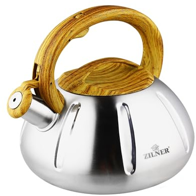 ZILNER Wasserkessel Marmor, mit Pfeife und Deckel, 3 L, Silber | Teekessel für alle Herdarten, Induktion, Gasherd, Ceranfeld, Elektroherd, Edelstahl, marmoriertes Design