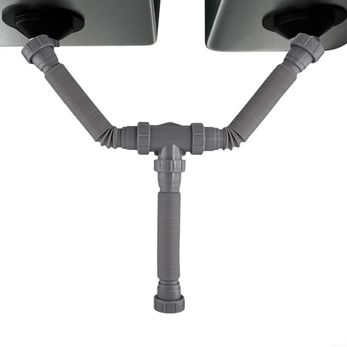 Zeroupshop Flexibles Spülbeckenablauf-Set für Doppelwaschbecken P-Trap Ablaufrohre (20-80cm Verlängerung), grauer Kunststoff, auslaufsichere Silikondichtungen, All-in-One-Installationsset