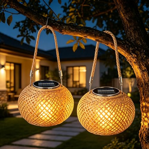 2 Stück Solarlampen für Außen Hängend/Stehend, IP65 Wetterfest Solarlaterne Lampions, Retro Solar Laternen aus Rattan Solarleuchten für Draußen Garten Balkon Patio Camping und Gartendeko