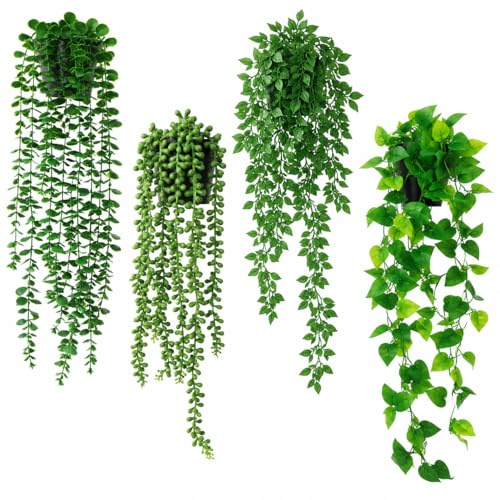 RITOLLO 4-Pack Artificial Hanging Plants with Pots | Faux trailing greenery in pots for shelves, walls, bathrooms, living rooms, bedrooms and offices