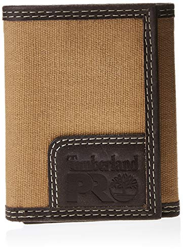Timberland PRO Men's RFID Canvas Leather Trifold Wallet with Zippered Pocket, Khaki, One Size