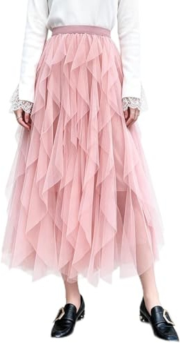 Femirah Lång regnbåge A-linje tyll tutu kjolar vågig kjol underkjol, Tyll rosa, One Size