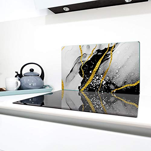 QTA | Herdabdeckplatten 90x52cm Ceranfeld Abdeckung Glas Spritzschutz Abdeckplatte Glasplatte Herd Ceranfeldabdeckung Gold Schwarz