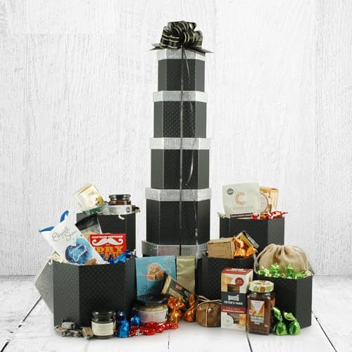 The Black & Silver Grand Banquet Tower | Giant 73cm 5-Tier Luxury Food Hamper with Borders Biscuits, Fudge, Olives, Fruit Cake & Chocolates | Large Hexagonal Boxes