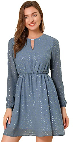 Allegra K Damenkleid mit Kropfband und V-Ausschnitt im Vintage-Stil, Goldfarbene Sternchen mit Metallic-Glanz, A-Linie, Grau, Blau, Groß