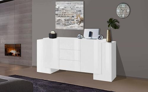 Dmora - Kommode Fabio, Küchen-Sideboard mit 2 Türen und 3 Schubladen, Wohnzimmer-Buffet, Küchen-Sideboard, 100 % Made in Italy, 210 x 45 x 85 cm, glänzendes Weiß