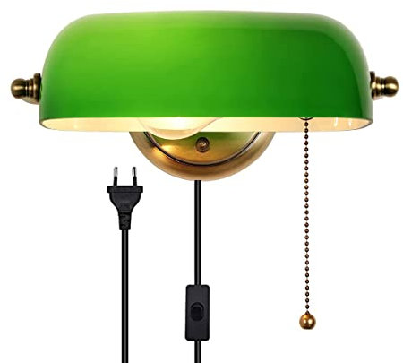 FREEDL E27 Vert en Verre Banquier Applique Murale Intérieur avec Interrupteur et Prise Lampe de Banquier Verte Abat-Jour Réglable Lampe Murale Rétro Pour Salon Chambre, Classique Lampe de Chevet