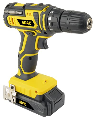 ADAC Akku-Bohrschrauber 20V 2 Ah - Akkuschrauber mit integriertem LED-Licht, 35 Nm max. Drehmoment über 18 Stufen und 1 Stufe zum Bohren - Set mit Koffer, Bitsatz, 1 Lithium-Ionen Akku | M17692