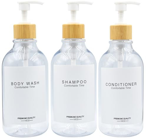 Shampoo and Conditioner Bottles, Apothecary Dispenser Bamboo Pump, Refillable Shampoo Bottles for Shampoo Lotion Oil Shower Soap Hand Soap and Dish Soap, Plastic Clear Set (Clear)
