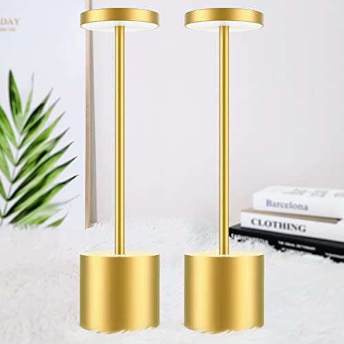 bravzurg 2 Stück LED Tischlampe Kabellos, 5000mAh Akku Tischleuchte Dimmbar, Aluminium, 3 Farbtemperatur, Aufladbar Touch Tischlampen für Outdoor Indoor Nachttisch Esstisch Terrasse Bar - Gold