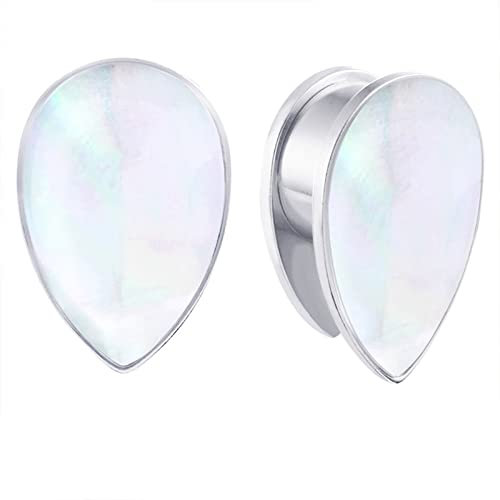 Beydodo Piercing Plug Edelstahl, Ohr Tunnel 14MM Silber Tropfen mit Weiß Muschel Ohrringe Tunnel Ohr Expander Set