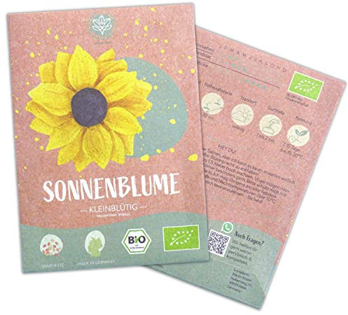 Bio kleine Sonnenblumen Samen, 20 Blumensamen mit hoher Keimquote, Sonnenblumensamen für deinen Garten, Balkon, Beet oder als Gastgeschenk. Samenfestes Blumen Saatgut.