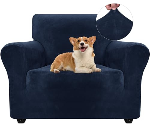 Ystyle Elastischer Samt Sofabezug 1 Sitzer, Dunkel Blau | Stretch Sofa Überzug, Sofaschoner Rutschfest, Couch Überzug, Sofa Cover mit Armlehnen, Sesselschoner Sofaschutz Katze