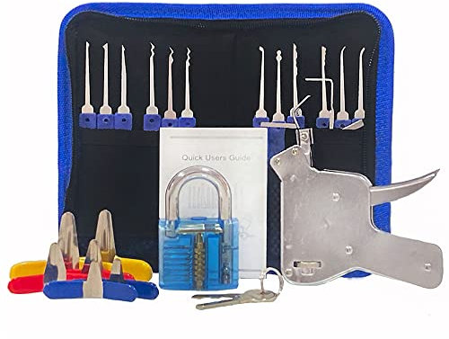 YQLEISHI 27 Piece Lock Picking Set with Zipper Bag, Lock Pick Gun and 6 Piece Padlock Shim,Transparent Training Locks,Extractor Tool for Beginner and Locksmith Training(Blue)