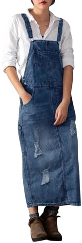 Salopette da donna vintage classica con bretelle, lunghe gonne in denim lavate invecchiate gonne abito gonne con fori strappati salopette tuta, Blu scuro, 52