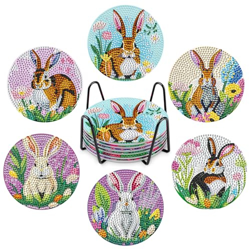 NAIMOER Untersetzer mit Hasen-Diamant-Malerei, DIY-Blumen, Diamant-Kunst-Untersetzer mit Halter, Kork-Pad-Set für Erwachsene, Kinder, Geschenke für Zuhause, 6 Stück