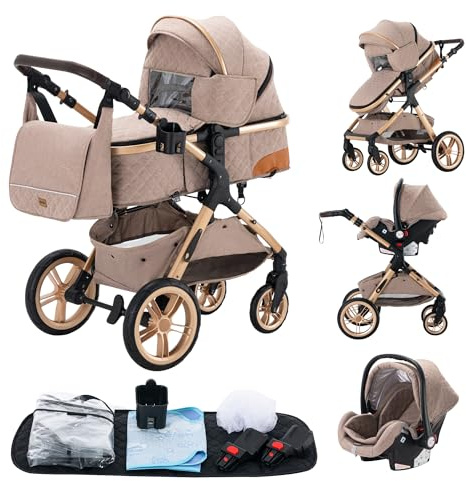 YAZOCO kinderwagen 3 in 1 Buggy Babybett Komplett Set Einem Klick Zusammenklappbarer Kinderwagen, KombiKinderwagen Aluminiumrahmen für Neugeborene