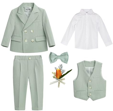 6 Pièces Ensemble de Costumes de Garçons,Gentilhomme Tenues de Smoking pour Enfant Garçon Blazer+Pantalon+Gilet+Chemise+Noeud Papillon+Broche,Costume Formel pour Mariage Fête Cérémonie Grün B 3-4 Ans