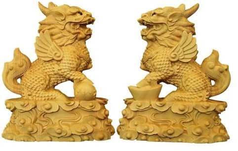 KUKUUU Feng Shui Chi Lin/Kylin Statuen, Heimdekoration, Buchsbaum-Skulpturen für Wohnzimmer, Reichtum, Wohlstand, handgeschnitzt