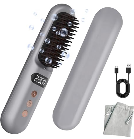 Waonsiem Cordless Hair Straightener, Portable Mini Straightening Brush for Travel, Negative Ion Hot Comb, 10000mAH USB Rechargeable, Anti-Scald, Grey