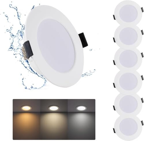 Grebeam 5W Spot LED Encastrable 220V, Lot de 6 Spot Salle de Bain IP65, Blanc Chaud Blanc Neutre Blanc Froid 3000K/4000K/6500K, Spots LED Plafond 80mm pour Cuisine Salon, Rond