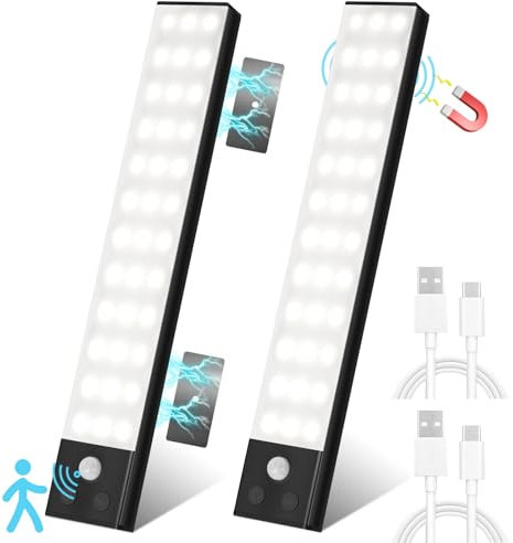 Suprbee Luz LED Armario con Sensor Movimiento, 2 Piezas 1500mAh USB Recargable Luz Nocturna regulable de iluminación Lampara LED Magnética para Armario, Gabinete, Pasillo, Escaleras, Cocina - 22.5CM