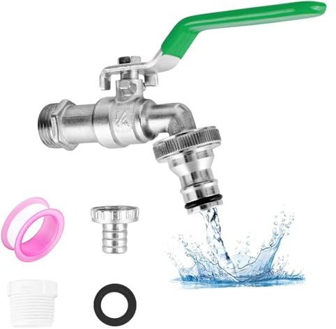 XCDMJ Garten Wasserhahn 1/2 Zoll aus Messing rost-und frostsicher, mit 2 * Gratis Schlauchanschlüsse,1x Rollendichtband,Absperrhahn Tropffrei, Wasserhahn Aussen Messing für Garten