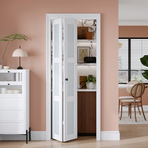 EaseLife Preassembled Bi-Fold Doors, for 24x 80 Opening,Tempered Frosted Glass Closet Folding Barn Door with Concealed Hardware Kit,MDF Wood Panel,Water-Proof PVC Surface,Easy Installation