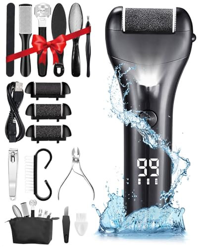Electric Foot File for Hard Skin Remover, 16 in 1 Rechargeable Pedicure Sets for Feet, Waterproof Callus Remover with 3 Replacement Roller Heads, 3 Speeds & LED Display, Foot Care Kit with Storage Bag