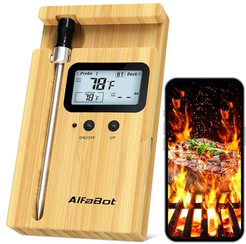 AlfaBot K2 Fleischthermometer Smart Kabellos 160m Bluetooth Grillthermometer, Meat Thermometer Bratenthermometer für Backofen Grill Smoker Rotisserie Airfryer, App Control