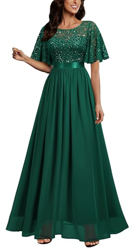 MIUSOL Women's Elegant Flutter Sleeves Lace Sequin Prom Bridesmaids Party Gown Formal Maxi Dress