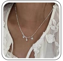 TseenYi Gold Paperclip Chain Shell Necklace with Starfish and Crystal Pendant Tiny Cowrie Seastar Surfer Beach Choker